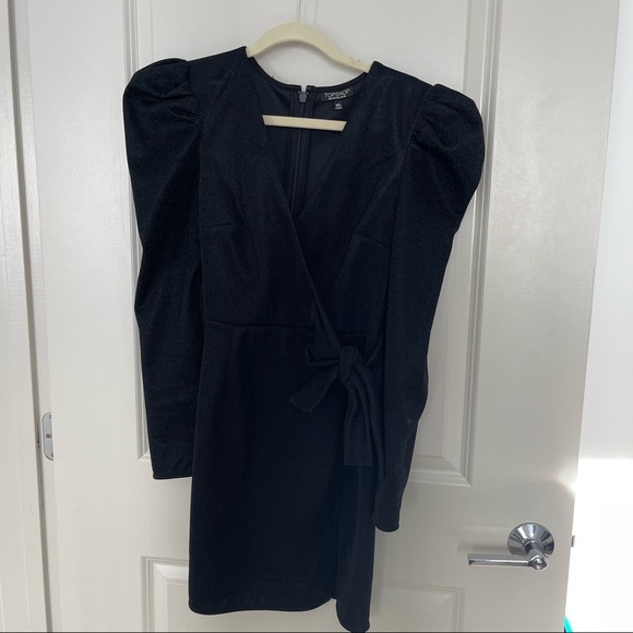 TOPSHOP black sparkly dress belted puff long sleeve Size US 6 - Picture 5 of 8